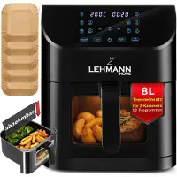 Lehmann Heißluftfritteuse, Airfryer 1800 W, Kapazität 8L, max 200°C, 12 Programmen, mit Sichtfenster - Backen und Frittieren Ohne Fett