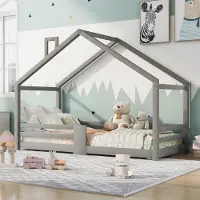 Xkiss Kinderbett mit Schornstein Rausfallschutz Robuste Lattenroste Bodenbett Hausbett 90x200cm Grau