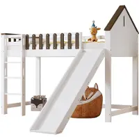 Xdovet Hochbett, Mit Dach und Fenster, Mit dreistufiger gerader Leiter, Jugendbett, Kinderbett mit Rutsche, Kiefer+MDF, Weiß+Walnuss