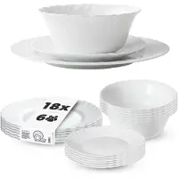 Kadax Geschirrservice 18-teilig, Geschirrset für 6 Personen, Tafelservice mit Müslischale, Dessertteller & Speiseteller, Tellerset aus Opalglas, Geschirr Set (Weiß)