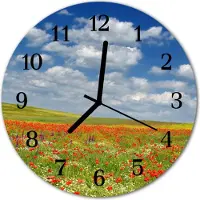 Tulup Glasuhr Wanduhr Küchenuhr Echt-Glas 30fi cm Mohnblumen Feld rot blau