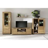 Freiraum Wohnwand >GRENO< in natur geölt, Wildeiche teilmassiv - 407x200x54cm (BxHxT)