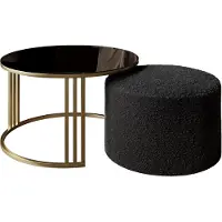Lookway Couchtisch mit Hocker LORI GLASS gebürstetes Gold/schwarzes Glas, Coral 60