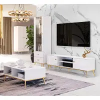Lomadox Wohnwand in Hochglanz weiß mit Couchtisch und Schrank GUBIN-131 edles Design mit goldenen Akzenten