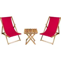 Meblośtyl 2 x Liegestuhl + Beistelltisch Strandliege Holz Sonnenliege Gartenliege Gartentisch Geölt Rot