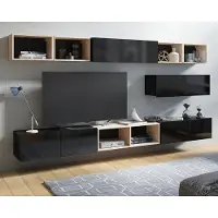 Ravio Wohnwand Amanda XV Schrankwand TV Schrank Hängende Regale Bücherregale Stilvoll Wohnzimmer-Set viel Stauraum (Schwarz matt + Schwarz Hochglanz Fronten / Artisan Eiche)