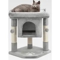 Markenlos Kratzbaum für Katzen mit Höhle & 2 Plüschballen inkl. Glöckchen, Höhe 60 cm, Katzenbaum mit robustem Sisalseil & weichem Plüsch, gemütliche Liegefläche, für kleine & große Katzen, hellgrau