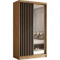 Masseno Schiebetürenschrank LAMELLO 120 cm Kleiderschrank Schlafzimmer Schrank 2-türig mit Spiegel und Lamellen Eiche Artisan