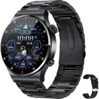 Exlene NFC Bluetooth Call Smartwatch Vollbild-GPS-Sportarmband Wasserdichtes EKG-Gesundheitsmonitor-Smartwatch fš¹r iOS Android, Schwarzes Stahlgeh?use + Silikonarmband