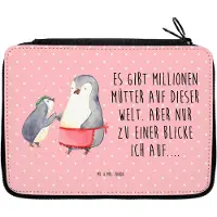 Mr. & Mrs. Panda Etui Pinguin mit Kind - Rot Pastell - Geschenk, Vorbild Mama, Federtasche, Muttertag, Mäppchen, Schlampermäppchen, Schreibmappe, Mutter, Federmäppchen