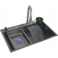 ANW Home Stahlspülbecken 75x45 mit Wasserfallarmatur, Graphit + Zubehörset