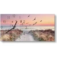 DEQORI Glasuhr 60x30 cm Zahlen 'Strandaufgang zur Ostsee' Wanduhr Glas Uhr Design leise