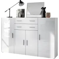 Vladon Highboard Aron Anrichte mit 2 Schubladen und 4 Türen mit insgesamt 8 Fächer dahinter, Weiß matt/Weiß Hochglanz (166,5 x 106,5 x 35 cm)