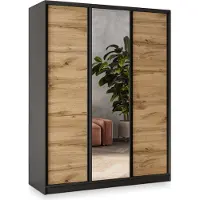 Masseno Schiebetürenschrank SORE 160/205/58 cm Kleiderschrank mit 4 Schubladen Schlafzimmer Schrank 3-türig mit Spiegel Schwarz / Eiche Wotan