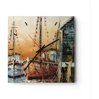 ARTTOR Wanduhr - Quadrat - Glasuhr - Kutter Hafen Öl - 40x40cm - Schleichendes Uhrwerk - Lautlos - zum Aufhängen bereit - Dekoration Modern - Wanddekoration aus Glas - C3AC40x40-4216