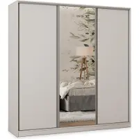 Masseno Schiebetürenschrank TARI 180/205/58 cm Kleiderschrank mit 4 Schubladen Schlafzimmer Schrank 3-türig mit Spiegel Weiß