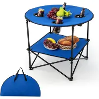 KOMFOTTEU Campingtisch, zusammenklappbar, Picinic-Tisch mit 2 Ebenen aus Oxford-Stoff, tragbarer Tisch mit 4 Becherhaltern, Beistelltisch mit Tragetasche, für Grill, Party, Angeln