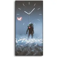 Coloray Wanduhr Leinwand Bild Uhr Quarz 30x60 Astronaut steht zwischen Vogelschwarm - weiße Hände