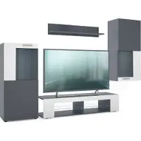 Vladon Wohnwand Stream, Anbauwand bestehend aus 1 TV-Board, 2 Vitrinen und 1 Regal, Anthrazit matt/Weiß matt (Gesamt: 305,5 x 190 x 38,5 cm)