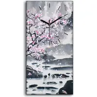 Coloray Wanduhr Leinwand Bild Uhr 30x60 Chinesisch Landschaft Kirsch Berg Baum - schwarze Hände