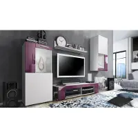 Vladon Wohnwand Movie, Anbauwand bestehend aus 1 TV-Board, 2 Vitrinen und 1 Regal, Weiß matt/Weiß matt/Brombeer Hochglanz (Gesamt: 300 x 190 x 39 cm)
