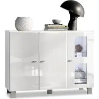 Vladon Sideboard Denjo, Germany, Kommode mit 3 Türen, Weiß matt/Weiß Hochglanz, inkl. LED-Beleuchtung (107 x 81 x 35 cm)