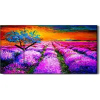 Coloray Wandbild Leinwand Bilder Wanduhr 60x30 Blumen Lavendelfelder Sonnenuntergang - schwarze Hände