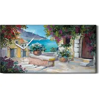 Coloray Wanduhr Uhr Wandbild Leinwand 60x30 Ölgemälde Stadt Blumen Meer Himmel - weiße Hände