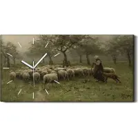 Coloray Wohnzimmer-Bild Leinwand Uhr 60x30 Gemälde Dorfbewohner Bäume Schafe Kunst - weiße Hände