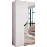MEBLE KRYSPOL Schrank 100x202x52 cm mit Kleiderstange & Spiegel, 2xTür, ANDREW, Weiß, Griff Schwarz