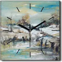 Coloray Uhr auf Leinwand 30x30 cm Wand Uhr Dekoration Wohnzimmer Segeltuch schwarze Hände -Waldwinter-Winterstrom.