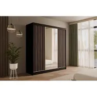 ALTDECOR Kleiderschrank mit Spiegel und Schiebetüren, Garderobenschrank mit Lamellentüren Schwebetürenschrank mit Lamel, Schrank V2-ZENTI 215x200 cm Schwarz