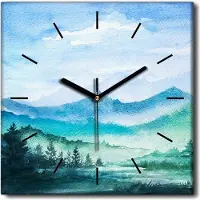 Coloray Uhr auf Leinwand 30x30 cm Wand Uhr Dekoration Wohnzimmer Segeltuch schwarze Hände -Berge Bäume Landschaft.