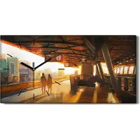 Coloray Wandbild Leinwand Bilder mit Uhr 60x30 Gemälde Paar das auf einen Zug wartet - schwarze Hände