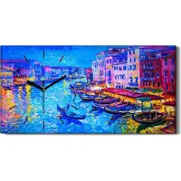 Coloray Wohnzimmer-Bild Leinwand Uhr 60x30 Malerei Abstrakte Stadt Gebäude Fluss Boote - schwarze Hände