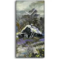 Coloray Wanduhr Bürouhr Leinwand Bild Geräuschlos 30x60 Haus im Wald Winter Landschaft - weiße Hände