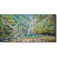 Coloray Wandkunst Leinwand Bild Uhr Geräuschlos 60x30 Gemälde Wasserfall Bäume Wasser - weiße Hände
