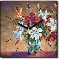 Coloray Uhr auf Leinwand 30x30 cm Wand Uhr Dekoration Wohnzimmer Segeltuch schwarze Hände -Lilien Blumenpflanzen