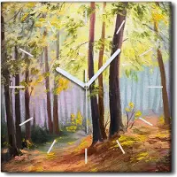Coloray Uhr auf Leinwand 30x30 cm Wand Uhr Dekoration Wohnzimmer Segeltuch weiße Zeiger -Frühlingswaldlandschaft.
