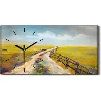 Coloray Wandbild Leinwand Bilder mit Uhr 60x30 Bild Wiesenstraße Feld Landschaften - schwarze Hände