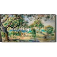 Coloray Wandbild Leinwand Bilder mit Uhr 60x30 Malerei Bäume Küste Meer Wellen Schiffe - schwarze Hände