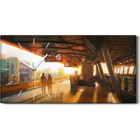 Coloray Wandbild Leinwand Bilder mit Uhr 60x30 Gemälde Paar das auf einen Zug wartet - weiße Hände