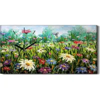 Coloray Wanduhr Bürouhr Leinwand Bild 60x30 Foto Bild Blumen Malerei Wildblumen - schwarze Hände