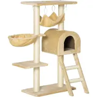 PawHut Kratzbaum für Katzen, Höhe 98 cm, Kletterturm mit Höhlenkorb, Hängematte, Leiterplattformen und natürlichen Sisal-Kratzbäumen, 54 x 29,5 x 98 cm, Beige