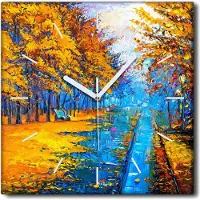 Coloray Uhr auf Leinwand 30x30 cm Wand Uhr Dekoration Wohnzimmer Segeltuch weiße Zeiger -Herbst Park Bäume Wald