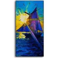 Coloray Wanduhr Bürouhr Leinwand Bild Quarz 30x60 segel Schiff Sonnenaufgang farbenfroh - schwarze Hände