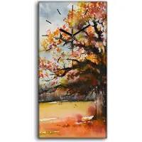 Coloray Wohnzimmer-Bild Leinwand Uhr Geräuschlos 30x60 Baum Herbst Landschafts Blätter - schwarze Hände