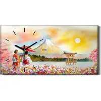 Coloray Dekor Leinwand Uhr Wandbilder Geräuschlos 60x30 Malerei Japan Berg Blumen Natur - schwarze Hände