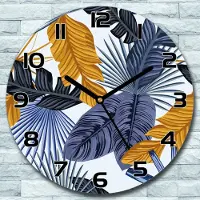 Coloray Wanduhr aus Glas Rund fi 30 Blaue Palmblätter Quarz Deko Schlafzimmer Büro