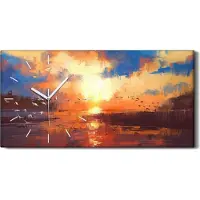 Coloray Leinwand Uhr Küche Wohnzimmer Bild 60x30 Gemälde mit Sonnenuntergang am See - weiße Hände